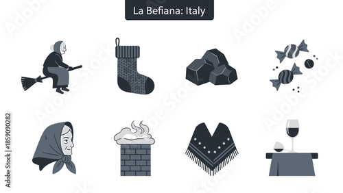 Eight monochrome icons illustrating the Italian tradition of La Befana