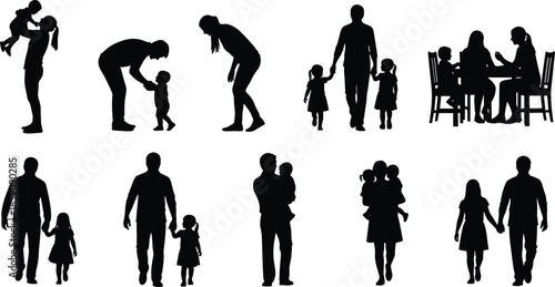 Black silhouette family moments set showing parents and children bonding through care love daily activities isolated on white background illustration