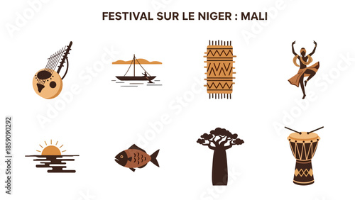 Eight brown icons representing elements of the Festival au Niger Mali