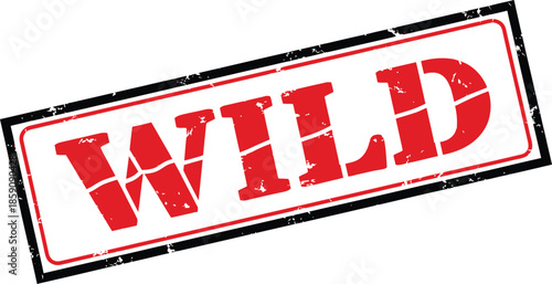 A rectangular stamp with a thick red border displays the word wild in bold slanted red lettering