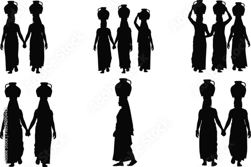 Black silhouette rural women carrying water pots set showing traditional village life teamwork and daily activity isolated on white background illustration