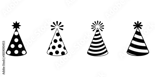 Collection of eight hand drawn birthday party hats in a simple silhouette style