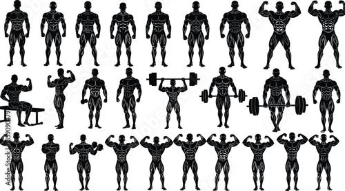 Black silhouette muscular bodybuilder poses set showing fitness strength training gym exercises and bodybuilding figures isolated on white background illustration