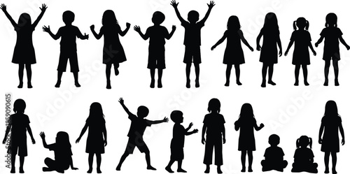 Black silhouette children set showing playful kids standing jumping and joyful poses isolated on white background childhood illustration collection