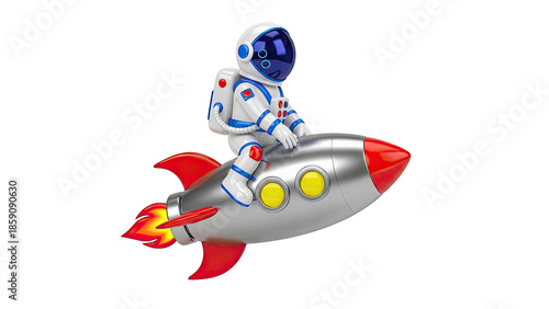Astronaut Riding Rocket Ship on White Background