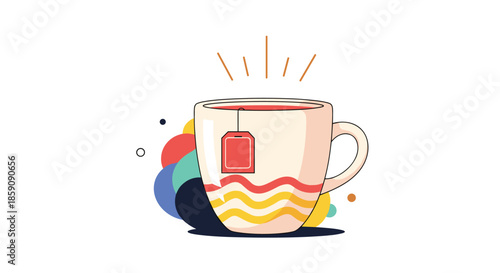 An appealing illustration of a hot cup of tea with a steeping teabag, featuring vibrant wavy patterns and abstract shapes, conveying warmth and comfort.