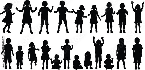 Black silhouette children standing and jumping set showing playful kids poses and joyful childhood expressions isolated on white background illustration