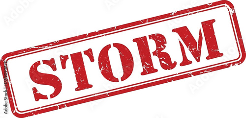 A vibrant red stamp boldly declares the word storm suggesting potential danger and severe weather conditions