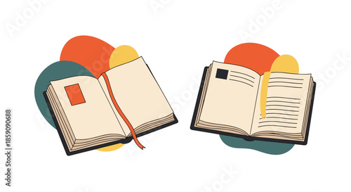 Two open books with vibrant abstract shapes, one showing a bookmark and the other containing text, symbolizing education and intellectual pursuits.