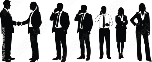 Black silhouette business professionals set showing corporate handshake phone communication and confident office poses isolated on white background illustration