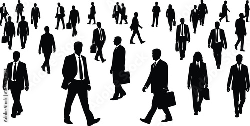 Black silhouette business people walking in different directions set showing professional office crowd isolated on white background illustration