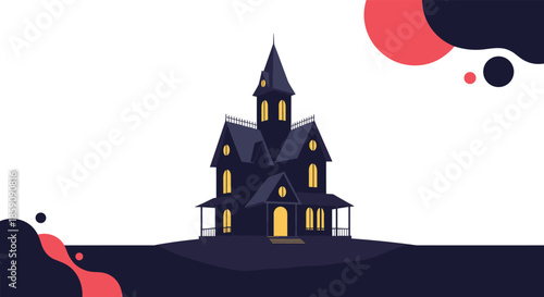 Spooky cartoon illustration of a haunted house on a hill with glowing windows, surrounded by abstract dark and red shapes, perfect for Halloween.
