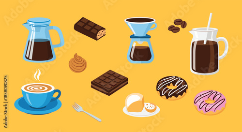 An inviting illustration showcasing diverse coffee preparations, brewing tools, and sweet treats including donuts and chocolate, all set on a warm yellow background.