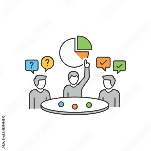 Business meeting with a pie chart presentation and team discussion at a round table with speech bubbles indicating questions and answers
