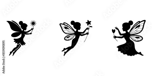 Five black silhouette fairies with wings and wands in various flying poses on a white background fairy