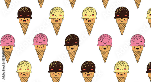Adorable seamless pattern featuring kawaii ice cream cones in various flavors and expressions, adorned with sprinkles on a clean white backdrop.