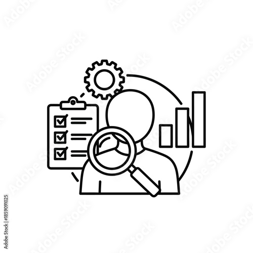 Detailed analysis and research icon illustrating data review, optimization, and user experience evaluation for business intelligence and project management workflows