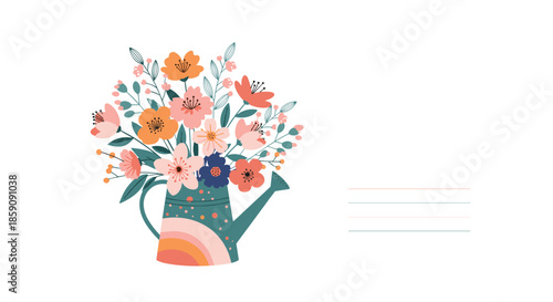 Beautiful spring bouquet of diverse flowers and leaves artfully arranged inside a stylized watering can, isolated on white.