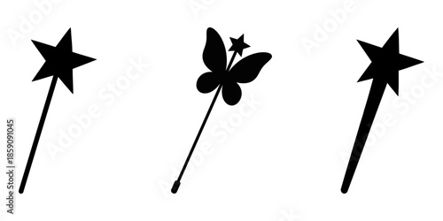 Illustration of a magic wand in three styles outline, color, and silhouette