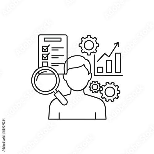 Illustration of a person with checklist, magnifying glass, gears, and growth chart representing business analysis and strategy