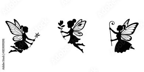 Five black silhouette fairies with wings and wands in various flying poses on a white background fairy