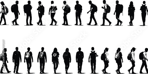 Black silhouette people walking with backpacks set showing urban commuters travelers and students isolated on white background illustration