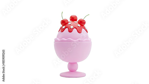 Pink Ice Cream Sundae with Cherries on White