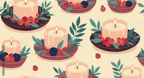 Seamless pattern of festive winter candles decorated with red berries, dark berries, and green foliage on a light background, evoking warmth and holiday spirit.