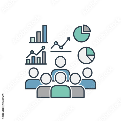 Collaborative Business Data Analysis and Strategic Reporting Icon - Visualizing Market Trends, Financial Performance, and Key Metrics with Teamwork, Charts, and Graphs for Informed Decision-Making