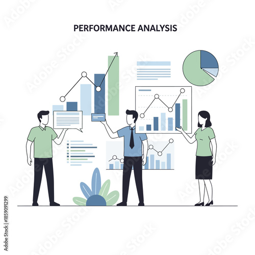 Business team collaborating on performance analysis and data visualization to drive strategic growth and informed decision-making