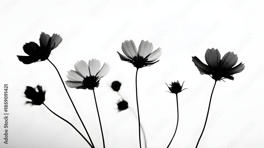 Naklejka premium Elegant Black and White Cosmos Flowers Silhouetted Against a Bright White Background.