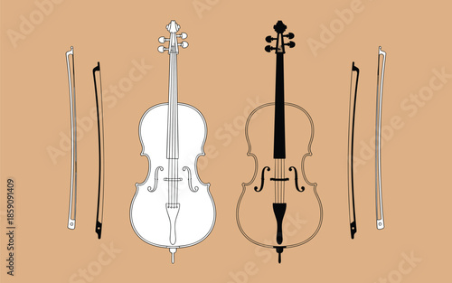 Professional Cello Icons with Musical Bows in Minimalist Black and White Design