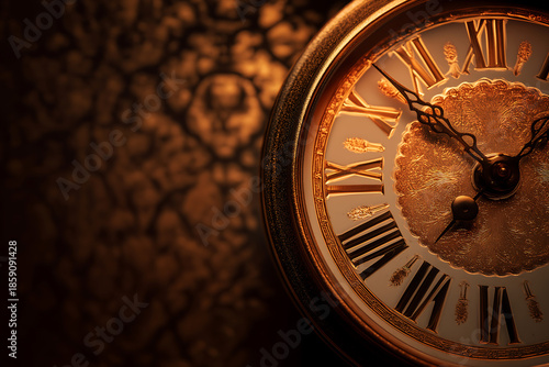 A close-up of an antique clock face with Roman numerals on a textured background