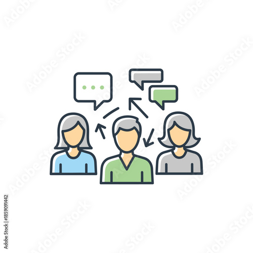 Engaging pictogram illustrating the vital concept of group communication, fostering collaborative discussion and effective networking among diverse individuals within a team