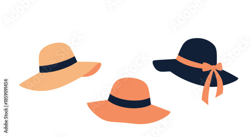 A vibrant collection of stylish sun hats featuring broad brims, colorful bands, and bows, perfect for summer fashion and sunny day protection.