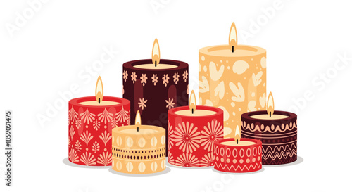 Group of intricately decorated, lit candles in various sizes and colors, casting a warm and inviting glow for festive occasions.