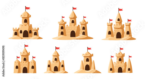 A set of six cartoon sandcastles with red flags, showcasing diverse designs built on a sandy beach.