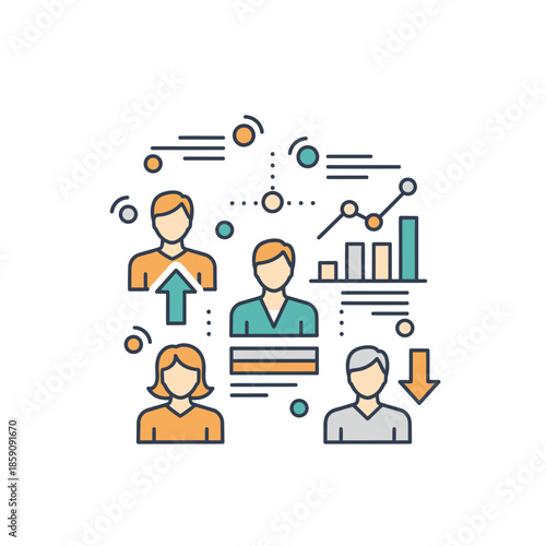 Team collaboration and performance analysis with upward and downward trend graphics