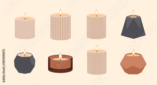 A collection of various burning candles in modern and cozy designs, perfect for home decor and creating a relaxing ambiance.