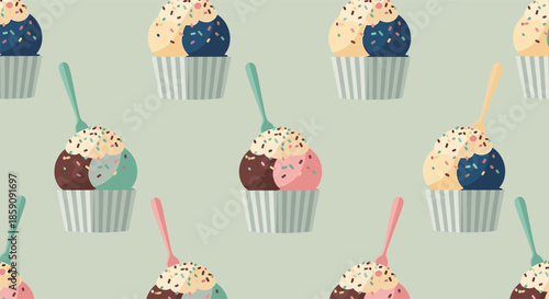Seamless pattern of colorful ice cream scoops with sprinkles in striped cups, featuring various flavors and spoons on a light green background.