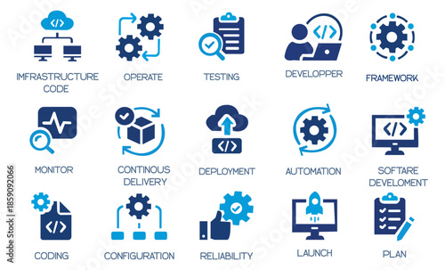 DevOps Icon Collection: Software Development, Deployment, and Monitoring Solid Vector