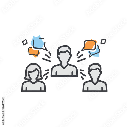 Illustration of a conversation between three people with speech bubbles showing communication and ideas being shared