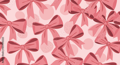 Cute seamless pattern featuring an array of pink bows and subtle polka dots on a soft, pastel background, ideal for textiles or festive decor.