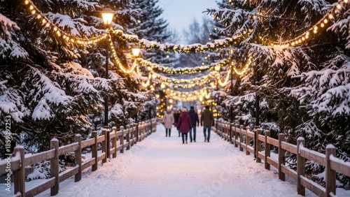 Snowy Winter Pathway with Twinkling Holiday Lights and People Walking Amidst Snow-Covered Trees