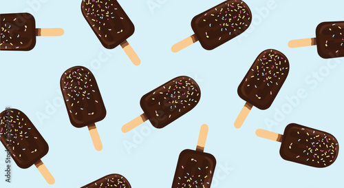 Sweet chocolate ice cream bars with colorful sprinkles arranged in a playful, seamless pattern on a light blue background.