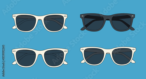 A collection of four pairs of classic Wayfarer-style sunglasses, two in cream and two in dark gray, on a blue background.