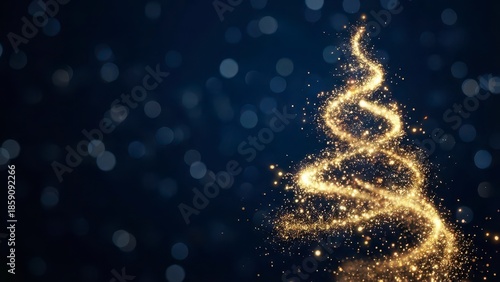 Beautiful Glowing Christmas Tree Shaped Light Swirl Against a Dark Blue Background with Twinkling Bokeh Effects