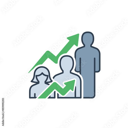 Business growth and progress depicted by an upward trending arrow graph, symbolizing success and development alongside human figures representing teamwork and advancement
