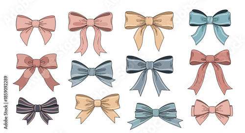 A vibrant collection of hand-drawn bows in various pastel colors and styles, perfect for gifts, decorations, and fashion accessories.