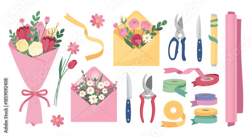 A charming collection of floristry elements with bouquets, loose flowers, floral envelopes, gardening tools, colorful ribbons, and wrapping paper.